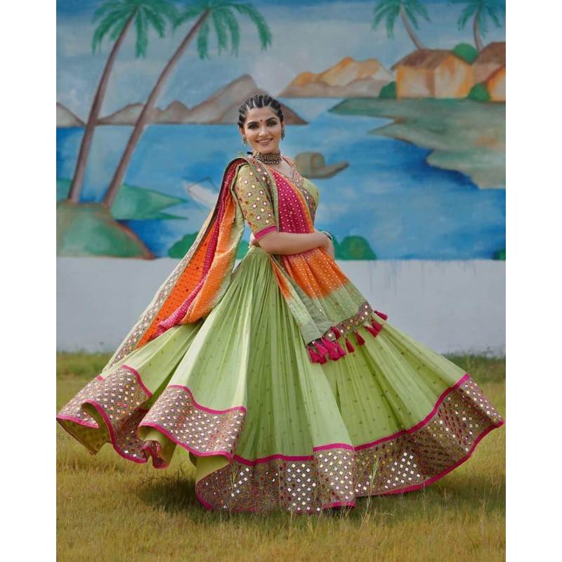 Party Wear Peach Mirror Work Silk Lehenga at Rs 2990 in Surat | ID:  25368560655