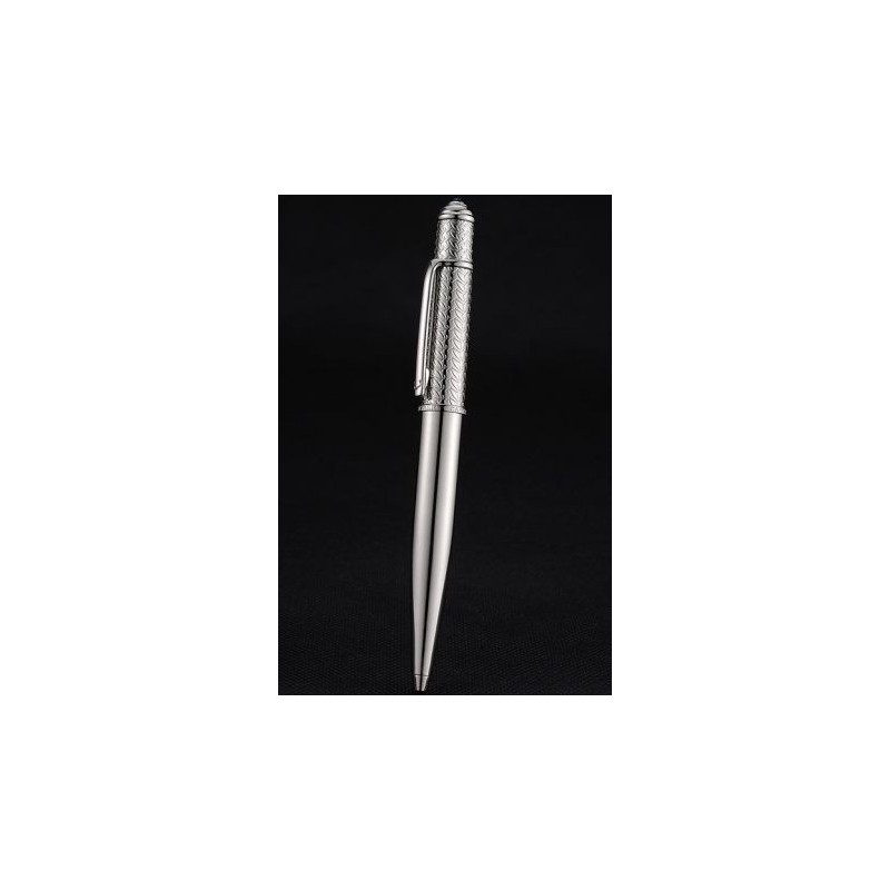 Cartier All Silver Ballpoint Pen Cap Engraved Push Mechanism  Medium Black Point Excellent Writing PE052