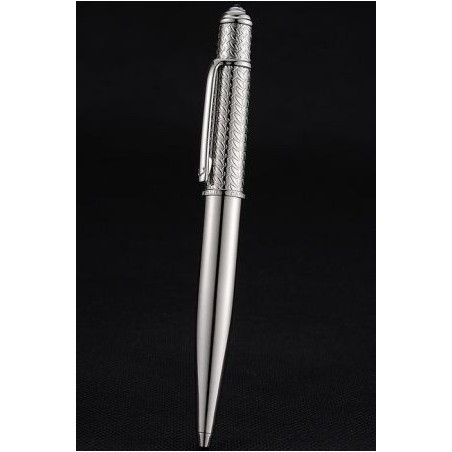 Cartier All Silver Ballpoint Pen Cap Engraved Push Mechanism  Medium Black Point Excellent Writing PE052