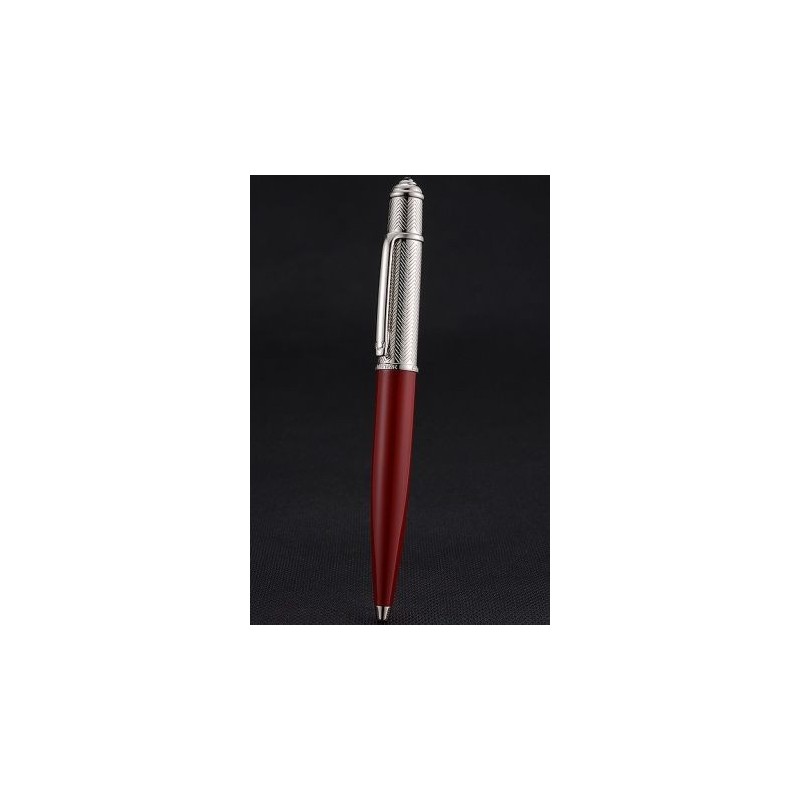 Cartier Red Holder Silver Tip Silver Wave Engraving    Cap Fake Ball Pen Smooth Replaceable Refill PE058