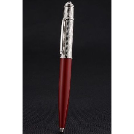 Cartier Red Holder Silver Tip Silver Wave Engraving    Cap Fake Ball Pen Smooth Replaceable Refill PE058